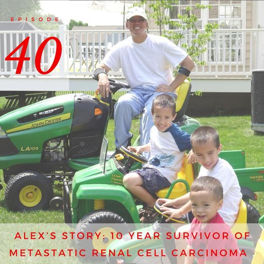 Alex on a lawn tractor with three young children