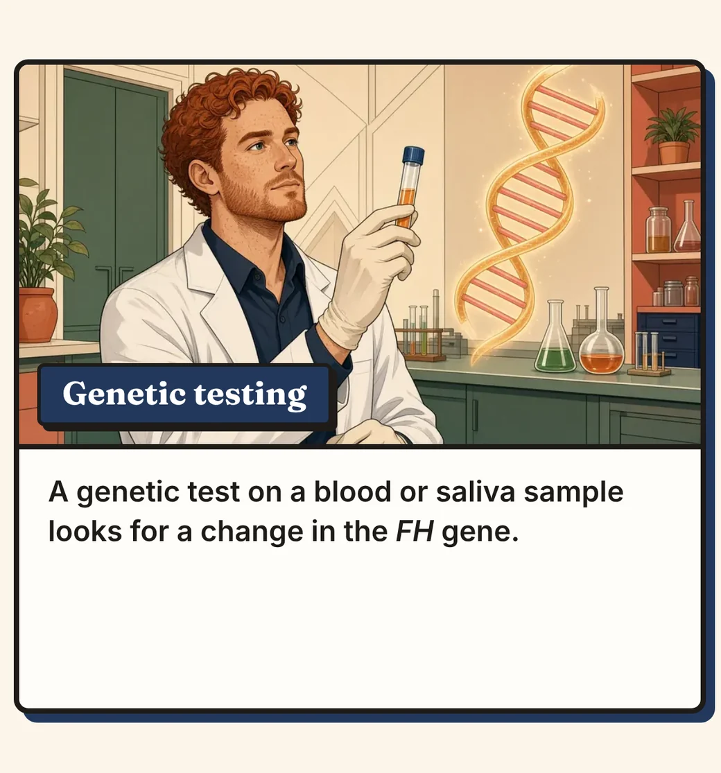 Comic panel 7 of 12, Genetic testing. Picture: a laboratory scientist holds a sample tube next to a DNA double helix. Text: A genetic test on a blood or saliva sample looks for a change in the FH gene.