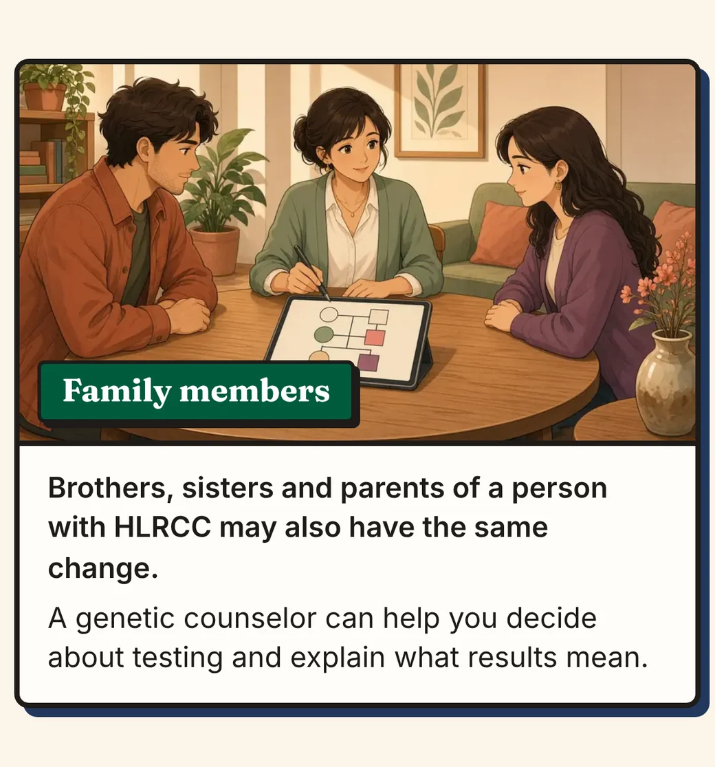 Comic panel 9 of 12, Family members. Picture: a genetic counselor shows a simple family tree on a tablet to an adult brother and sister. Text: Brothers, sisters and parents of a person with HLRCC may also have the same change. A genetic counselor can help you decide about testing and explain what results mean.
